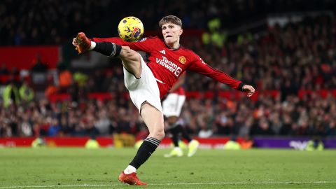 MANCHESTER, ENGLAND - JANUARY 14: Alejandro Garnacho of Manchester United makes an attempt to kick the ball during the Premier League match between Manchester United and Tottenham Hotspur at Old Trafford on January 14, 2024 in Manchester, England. (Photo by Naomi Baker/Getty Images)