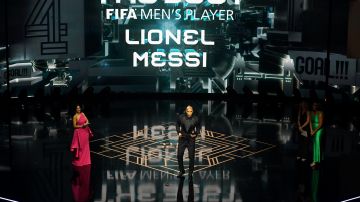 LONDON, ENGLAND - JANUARY 15: Lionel Messi is announced as the winner of the FIFA Best Men's Award during the The Best FIFA Football Awards 2023 at The Apollo Theatre on January 15, 2024 in London, England. (Photo by Kate Green/Getty Images)