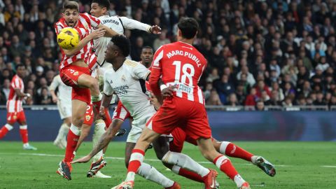 TOPSHOT - Almeria's Spanish defender #03 Edgar Gonzalez eyes the ball during the Spanish League football match between Real Madrid CF and UD Almeria at the Santiago Bernabeu stadium in Madrid on January 21, 2024. (Photo by Pierre-Philippe MARCOU / AFP) (Photo by PIERRE-PHILIPPE MARCOU/AFP via Getty Images)