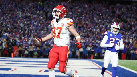 ORCHARD PARK, NEW YORK - JANUARY 21: 1 #87 of the Kansas City Chiefs celebrates after scoring a 22 yard touchdown against the Buffalo Bills during the second quarter in the AFC Divisional Playoff game at Highmark Stadium on January 21, 2024 in Orchard Park, New York. (Photo by Al Bello/Getty Images)