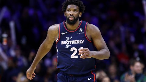 PHILADELPHIA, PENNSYLVANIA - JANUARY 22: Joel Embiid #21 of the Philadelphia 76ers looks on during the fourth quarter against the San Antonio Spurs at the Wells Fargo Center on January 22, 2024 in Philadelphia, Pennsylvania. NOTE TO USER: User expressly acknowledges and agrees that, by downloading and or using this photograph, User is consenting to the terms and conditions of the Getty Images License Agreement. (Photo by Tim Nwachukwu/Getty Images)