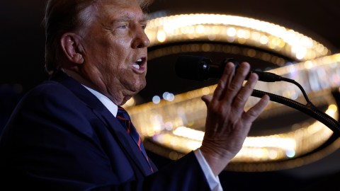 NASHUA, NEW HAMPSHIRE - JANUARY 23: Republican presidential candidate and former U.S. President Donald Trump delivers remarks during his primary night rally at the Sheraton on January 23, 2024 in Nashua, New Hampshire. New Hampshire voters cast their ballots in their state's primary election today. With Florida Governor Ron DeSantis dropping out of the race Sunday, former President Donald Trump and former UN Ambassador Nikki Haley are battling it out in this first-in-the-nation primary. (Photo by Chip Somodevilla/Getty Images)