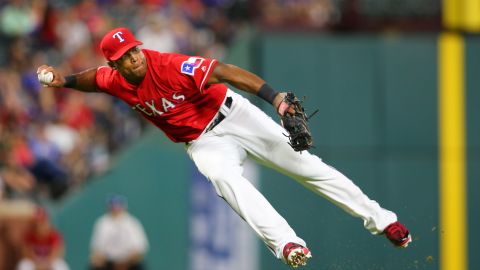 ARLINGTON, TX - AUGUST 17: Adrian Beltre #29 of the Texas Rangers throws out the runner on first base against the Oakland Athletics at Globe Life Park in Arlington on August 17, 2016 in Arlington, Texas. (Photo by Rick Yeatts/Getty Images)