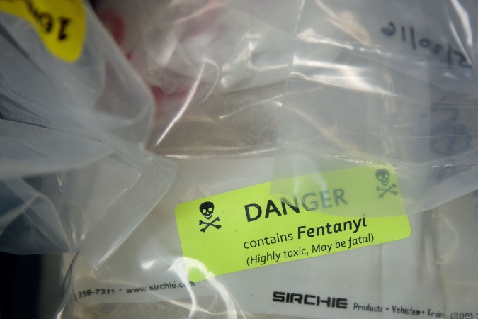 NEW YORK, NEW YORK - SEPTEMBER 23: Bags of heroin, some laced with fentanyl, are displayed before a press conference regarding a major drug bust, at the office of the New York Attorney General, September 23, 2016 in New York City. New York State Attorney General Eric Scheiderman's office announced Friday that authorities in New York state have made a record drug bust, seizing 33 kilograms of heroin and 2 kilograms of fentanyl. According to the attorney general's office, it is the largest seizure in the 46 year history of New York's Organized Crime Task Force. Twenty-five peopole living in New York, Massachusetts, Pennsylvania, Arizona and New Jersey have been indicted in connection with the case. (Photo by Drew Angerer/Getty Images)