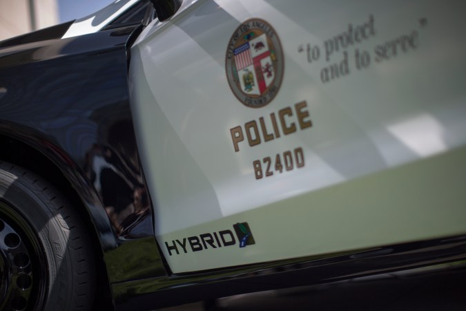 LOS ANGELES, CA - APRIL 10: A hybrid police car is seen at the unveiling of two new Ford Fusion hybrid pursuit-rated Police Responder cars at Los Angeles Police Department headquarters on April 10, 2017 in Los Angeles, California. The LAPD is committed to purchasing at least 300 hybrid and hybrid-electric plug-in vehicles by 2020. (Photo by David McNew/Getty Images)