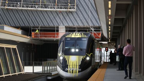 MIAMI, FL - MAY 11: The Brightline train is seen at the new MiamiCentral terminal during the inaugural trip from Miami to West Palm Beach on May 11, 2018 in Miami, Florida. Brightline welcomed the media, politicians and other dignitaries to ride on the inaugural trip for the privately funded passenger train which is running from Miami to West Palm Beach with one stop in Fort Lauderdale. The $3.1 billion project, will eventually extend its rail system to Orlando International Airport and is scheduled to be completed by January 2021. (Photo by Joe Raedle/Getty Images)