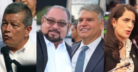 Manuel "El Chino Flores" (FMLN), Joel Sánchez (Arena), Luis Parada (Nuestro Tiempo) y Claudia Ortiz (Vamos).