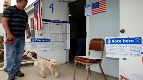 FILE - In this Tuesday, June 5, 2018 file photo, Peter Brubaker and his dog Albert arrive to cast his vote at a polling station inside the First Christian Church in Torrance, Calif. Early returns show turnout in California's Tuesday primary election was low. Counties are still receiving and counting ballots, which could ultimately make up a significant percentage of the total. (AP Photo/Damian Dovarganes, File)