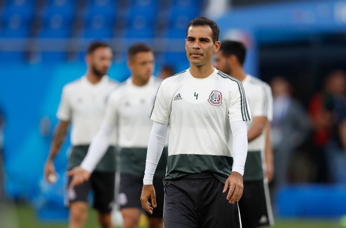 Mexico's Rafael Marquez walks in the field during Mexico's official training on the eve of the group F match between South Korea and Mexico at the 2018 soccer World Cup at the Rostov Arena, in Rostov-on-Don, Russia, Friday, June 22, 2018. (AP Photo/Eduardo Verdugo)