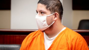 Defendant Joseph Jimenez appears in court during a plea hearing at the Riverside Hall of Justice in Riverside, Calif., on Monday, Sept. 27, 2021. Jimenez, accused of fatally shooting Rylee Goodrich, 18, and Anthony Barajas, 19, in a Corona movie theater on July 26, pleaded not guilty by reason of insanity to two counts of murder. (Watchara Phomicinda/The Orange County Register via AP, Pool)