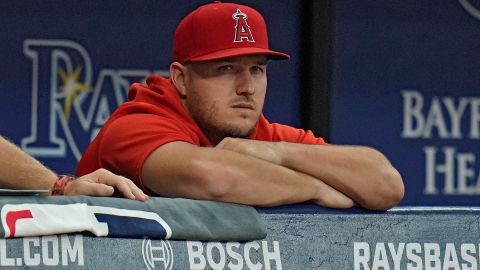 Los Angeles Angels outfielder Mike Trout watches from the bench during the first inning of a baseball game against the Tampa Bay Rays Tuesday, Sept. 19, 2023, in St. Petersburg, Fla. (AP Photo/Chris O'Meara)