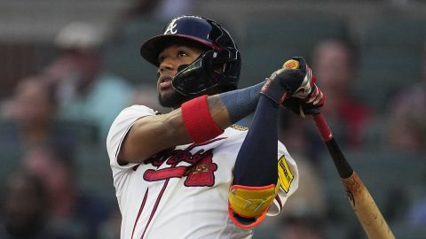 FILE - Atlanta Braves' Ronald Acuna Jr. watches his solo home run in the first inning of a baseball game against the Philadelphia Phillies Tuesday, Sept. 19, 2023. Atlanta's Ronald Acuña Jr. is favored to win the NL MVP award after becoming the first player with 40 home runs and 70 stolen bases in a season. (AP Photo/John Bazemore, File)