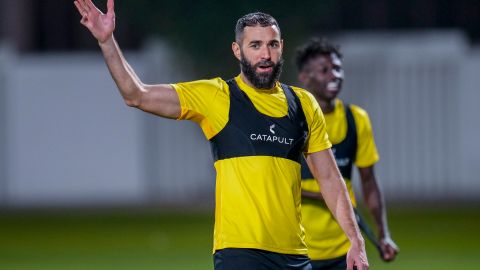 Al-Ittihad's Karim Benzema gestures during a training session at the Al Ittihad FC training in Jeddah, Saudi Arabia, Monday, Dec. 11, 2023. (AP Photo/Manu Fernandez)