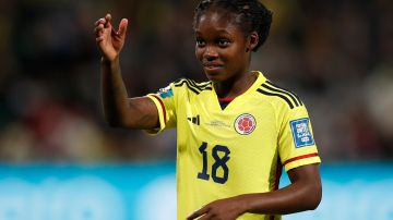 FILE - Colombia's Linda Caicedo gestures during the Women's World Cup Group H soccer match between Morocco and Colombia in Perth, Australia, Thursday, Aug. 3, 2023. The women’s best player award shortlist features two 2023 World Cup winners, Aitana Bonmatí and Jenni Hermoso of Spain, plus Linda Caicedo of Colombia. (AP Photo/Gary Day, File)