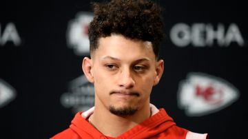 Kansas City Chiefs quarterback Patrick Mahomes talks to the media before the team's NFL football practice Thursday, Feb. 1, 2024 in Kansas City, Mo. The Chiefs will play the San Francisco 49ers in Super Bowl 58. (AP Photo/Charlie Riedel)