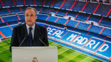 FILE - Real Madrid's President Florentino Perez gives a speech at the Santiago Bernabeu stadium in Madrid, Spain, June 13, 2019. Spain was the only European Union member to refuse to sign a joint statement on sports released by France on Thursday, Feb. 8, 2024 because the government in Madrid saw it as a premature attack on the Super League. (AP Photo/Manu Fernandez, File)