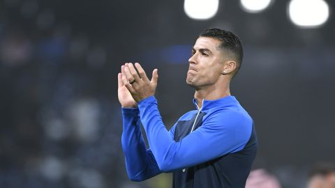 Al Nassr's Cristiano Ronaldo greets his fans during Riyadh Season Cup 2024 final match against Al Hilal at Kingdom Arena Stadium in Riyadh, Saudi Arabia, Thursday, Feb. 8, 2024. (AP Photo)