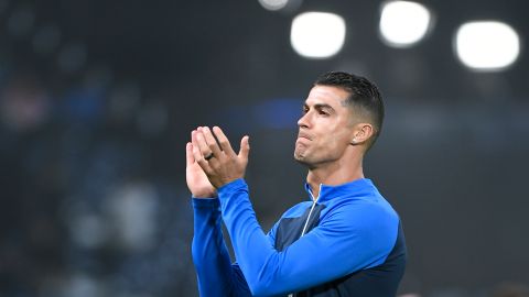 Al Nassr's Cristiano Ronaldo greets his fans during Riyadh Season Cup 2024 final match against Al Hilal at Kingdom Arena Stadium in Riyadh, Saudi Arabia, Thursday, Feb. 8, 2024. (AP Photo)