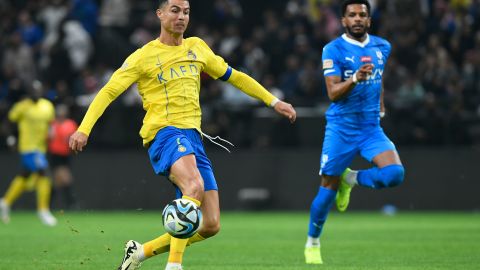 Al Nassr's Cristiano Ronaldo kicks the ball during Riyadh Season Cup 2024 final match against Al Hilal at Kingdom Arena Stadium in Riyadh, Saudi Arabia, Thursday, Feb. 8, 2024. (AP Photo)