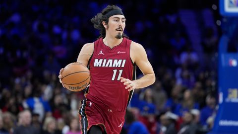 Miami Heat's Jaime Jaquez Jr. during the first half of an NBA basketball game, Wednesday, Feb. 14, 2024, in Philadelphia. (AP Photo/Matt Rourke)