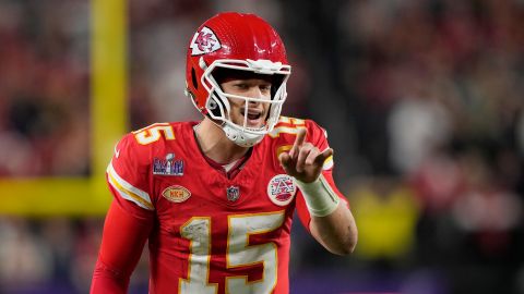 Kansas City Chiefs quarterback Patrick Mahomes (15) calls a play against the San Francisco 49ers in NFL Super Bowl 58 football game Sunday, Feb. 11, 2024, in Las Vegas. (AP Photo/Doug Benc)