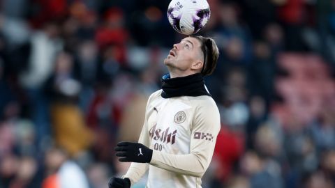 Manchester City's Jack Grealish plays with a ball prior to the English Premier League soccer match between Bournemouth and Manchester City at the Vitality stadium in Bournemouth, England, Saturday, Feb. 24, 2024. (AP Photo/David Cliff)