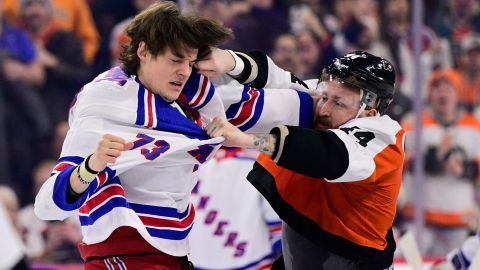 Philadelphia Flyers' Nicolas Deslauriers (44) and New York Rangers' Matt Rempe (73) fight during the first period of an NHL hockey game, Saturday, Feb. 24, 2024, in Philadelphia. (AP Photo/Derik Hamilton)