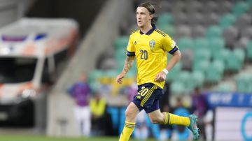 FILE - Sweden's Kristoffer Olsson is in action during the UEFA Nations League soccer match between Slovenia and Sweden at the Stozice stadium in Ljubljana, Slovenia, Thursday, June 2, 2022. Sweden midfielder Kristoffer Olsson has been hospitalized with an acute brain condition after suddenly losing consciousness at home, his Danish club FC Midtjylland said Tuesday, Feb. 27. 2024. (AP Photo/Darko Bandic, File)