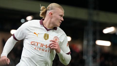 Manchester City's Erling Haaland celebrates after scoring his side's third goal during the FA Cup 5th round soccer match between Luton Town and Manchester City at the Kenilworth Road Stadium in Luton, England, Tuesday, Feb. 27, 2024. (AP Photo/Alastair Grant)