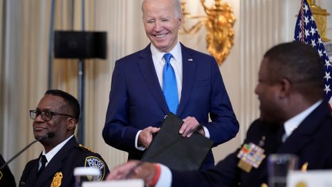 President Joe Biden meets with law enforcement officials in the State Dining Room of the White House in Washington, Wednesday, Feb. 28, 2024. (AP Photo/Andrew Harnik)