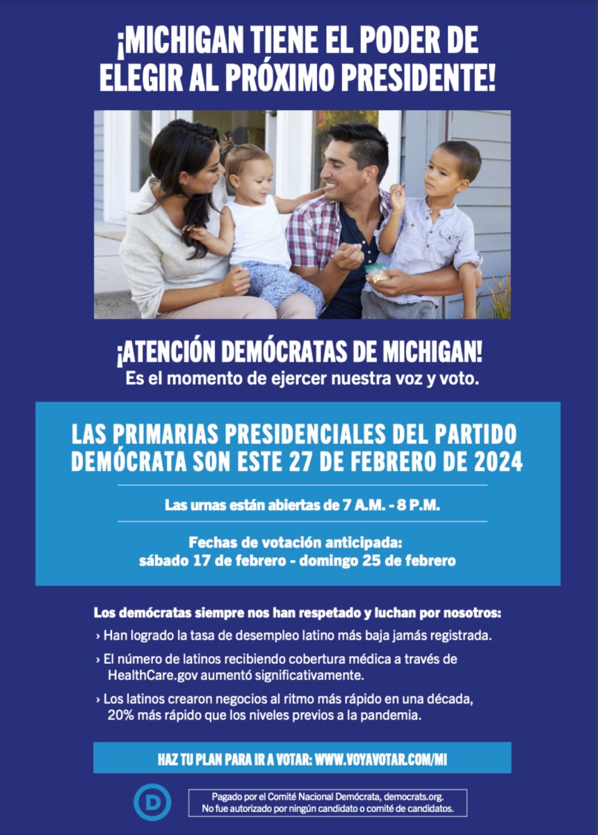 Un anuncio impreso del DNC dirigido a los votantes latinos de Michigan.