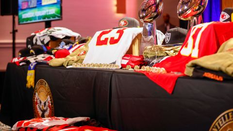 Las Vegas (United States), 07/02/2024.- Evidence of counterfeit NFL jerseys, rings, and other items are displayed during an Anti-counterfeiting press conference with The NFL and law enforcement agencies in Las Vegas, Nevada, USA, 07 February 2024. The AFC champion Kansas City Chiefs will face the NFC champion San Francisco 49ers in Super Bowl LVIII at State Allegiant Stadium in Las Vegas, Nevada, on 11 February 2024. EFE/EPA/JOHN G. MABANGLO