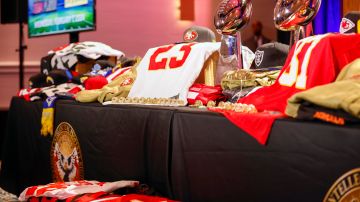 Las Vegas (United States), 07/02/2024.- Evidence of counterfeit NFL jerseys, rings, and other items are displayed during an Anti-counterfeiting press conference with The NFL and law enforcement agencies in Las Vegas, Nevada, USA, 07 February 2024. The AFC champion Kansas City Chiefs will face the NFC champion San Francisco 49ers in Super Bowl LVIII at State Allegiant Stadium in Las Vegas, Nevada, on 11 February 2024. EFE/EPA/JOHN G. MABANGLO