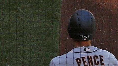 San Francisco Giants' Hunter Pence (8) walks up to bat against the Arizona Diamondbacks during the first inning of an Opening Day baseball game Sunday, April 2, 2017, in Phoenix. (AP Photo/Ross D. Franklin)