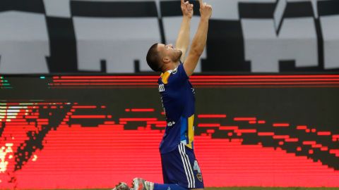 Marcelo Weigandt of Argentina's Boca Juniors (4) celebrates after scoring a VAR deleted goal against Brazil's Atletico Mineiro during a Copa Libertadores round of 16 second leg soccer match in Belo Horizonte, Brazil, Tuesday, July 20, 2021. (AP Photo/Bruna Prado, Pool)