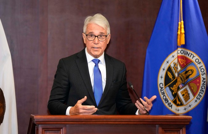 Los Angeles County District Attorney George Gascon speaks during a news conference to announce charges against Carlos Medina accused of murdering Auxiliary Bishop David O'Connell Wednesday, Feb. 22, 2023, in Los Angeles. (AP Photo/Mark J. Terrill)