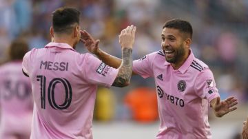 Inter Miami's Lionel Messim left, reacts to his goal with Jordi Alba, right, during the Leagues Cup semifinals soccer match against the Philadelphia Union, Tuesday, Aug. 15, 2023, in Chester, Pa. Inter Miami won 4-1. (AP Photo/Chris Szagola)