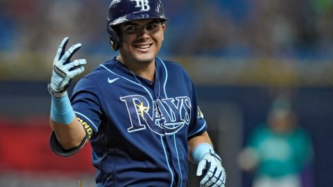 Tampa Bay Rays' Jonathan Aranda smiles after his single off Seattle Mariners starting pitcher Luis Castillo during the fourth inning of a baseball game Thursday, Sept. 7, 2023, in St. Petersburg, Fla. (AP Photo/Chris O'Meara)