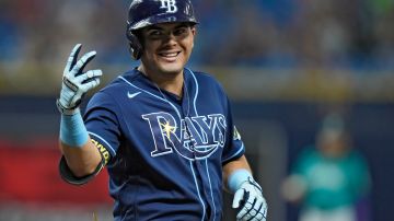 Tampa Bay Rays' Jonathan Aranda smiles after his single off Seattle Mariners starting pitcher Luis Castillo during the fourth inning of a baseball game Thursday, Sept. 7, 2023, in St. Petersburg, Fla. (AP Photo/Chris O'Meara)