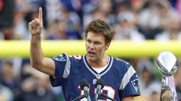 Former New England Patriots quarterback Tom Brady speaks during the halftime ceremony of an NFL football game against the Philadelphia Eagles, Sunday, Sept. 10, 2023, in Foxborough, Mass. (AP Photo/Greg M. Cooper)