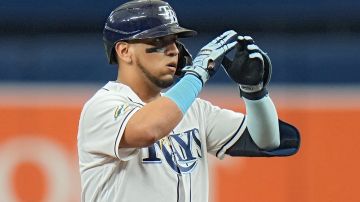 Tampa Bay Rays' Isaac Paredes reacts after his RBI double off Los Angeles Angels starting pitcher Griffin Canning during the first inning of a baseball game Thursday, Sept. 21, 2023, in St. Petersburg, Fla. (AP Photo/Chris O'Meara)