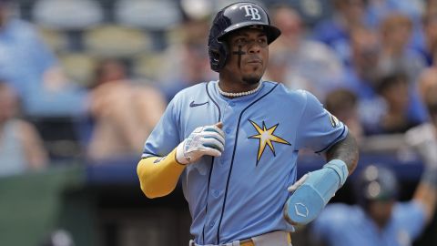 FILE - Tampa Bay Rays' Wander Franco runs home to score on a two-run single hit by Luke Raley during the eighth inning of the first game of a baseball doubleheader against the Kansas City Royals, Saturday, July 15, 2023, in Kansas City, Mo. Wander Franco remains away from the Tampa Bay Rays as they prepare for the postseason, leaving the team without one of its most dynamic young players amid investigations into an alleged relationship between Franco and a minor.(AP Photo/Charlie Riedel, File)