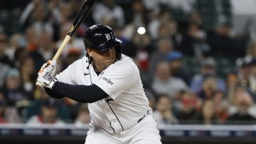 Detroit Tigers' Miguel Cabrera bats against the Kansas City Royals during the fifth inning of a baseball game Tuesday, Sept. 26, 2023, in Detroit. (AP Photo/Duane Burleson)