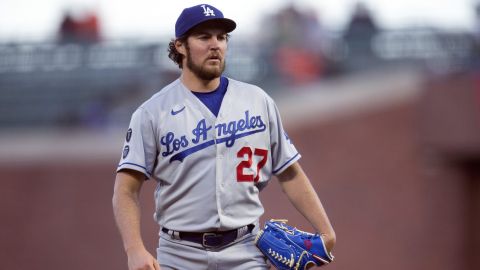 FILE - Los Angeles Dodgers starting pitcher Trevor Bauer looks toward home during the fourth inning of the the team's baseball game against the San Francisco Giants on May 21, 2021, in San Francisco. Former major league pitcher Bauer and a woman who accused him of beating and sexually assaulting her in 2021 have settled their legal dispute, Bauer's attorneys said Monday, Oct. 2, 2023. (AP Photo/D. Ross Cameron, File)