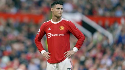 FILE - Manchester United's Cristiano Ronaldo stands on the pitch during the team's English Premier League soccer match against Norwich City on April 16, 2022, in Manchester, England. Lawyers for Ronaldo are headed back to court in a legal battle over the hush money he paid to a woman who accused him of raping her in Las Vegas in 2009. A three-judge panel of the 9th U.S. Circuit Court of Appeals has scheduled oral arguments Wednesday, Oct. 4, on the woman's bid to overturn last year's dismissal of the civil suit. (AP Photo/Jon Super, File)