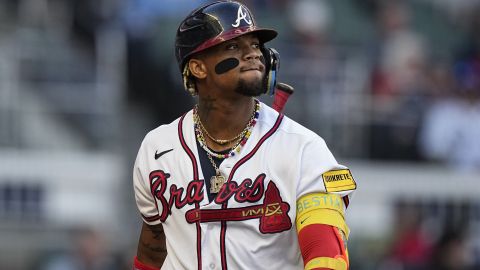 Atlanta Braves right fielder Ronald Acuna Jr. (13) reacts after strinking out in the first inning of Game 2 of a baseball NL Division Series against the Philadelphia Phillies, Monday, Oct. 9, 2023, in Atlanta. (AP Photo/Brynn Anderson)