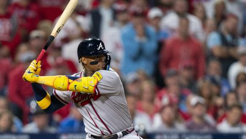 Atlanta Braves' Ronald Acuna Jr. in action during Game 4 of a baseball NL Division Series against the Philadelphia Phillies, Thursday, Oct. 12, 2023, in Philadelphia. (AP Photo/Chris Szagola)