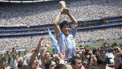 FILE - Argentina's Diego Maradona, celebrates at the end of the World Cup soccer final game against West Germany at the Atzeca Stadium, in Mexico City, June 29, 1986. The heirs of the late soccer star Diego Maradona have won a legal battle over the use of his trademark. Maradona had registered his name as a trademark with the European Union Intellectual Property Office in 2008 for a variety of products, clothing, footwear and headgear. The general court of the European Union confirmed Tuesday that it declined to transfer the trademark to Sattvica, an Argentine company belonging to Maradona’s former lawyer. Maradona died in November 2020. (AP Photo/Carlo Fumagalli, File)