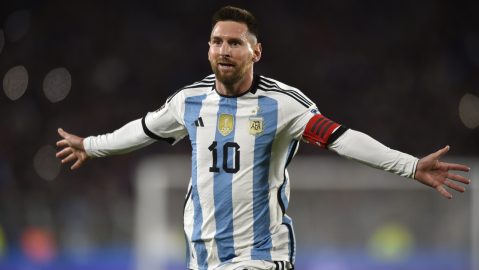 FILE -Argentina's Lionel Messi, celebrates scoring his side's first goal against Ecuador during a qualifying soccer match for the FIFA World Cup 2026, at Monumental stadium in Buenos Aires, Argentina, Thursday, Sept. 7, 2023. On Monday, Dec. 11, 2023 the California-based tech giant released its annual “Year in Search,” which includes top global inquires ranging from 2023's unforgettable pop culture moments (hello, Barbenheimer), to the loss of beloved figures and tragic news carrying worldwide repercussions. (AP Photo/Gustavo Garello, File)