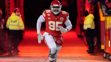Kansas City Chiefs defensive tackle Chris Jones is introduced prior to an NFL wild-card playoff football game against the Miami Dolphins Saturday, Jan. 13, 2024 in Kansas City, Mo. (AP Photo/Ed Zurga)